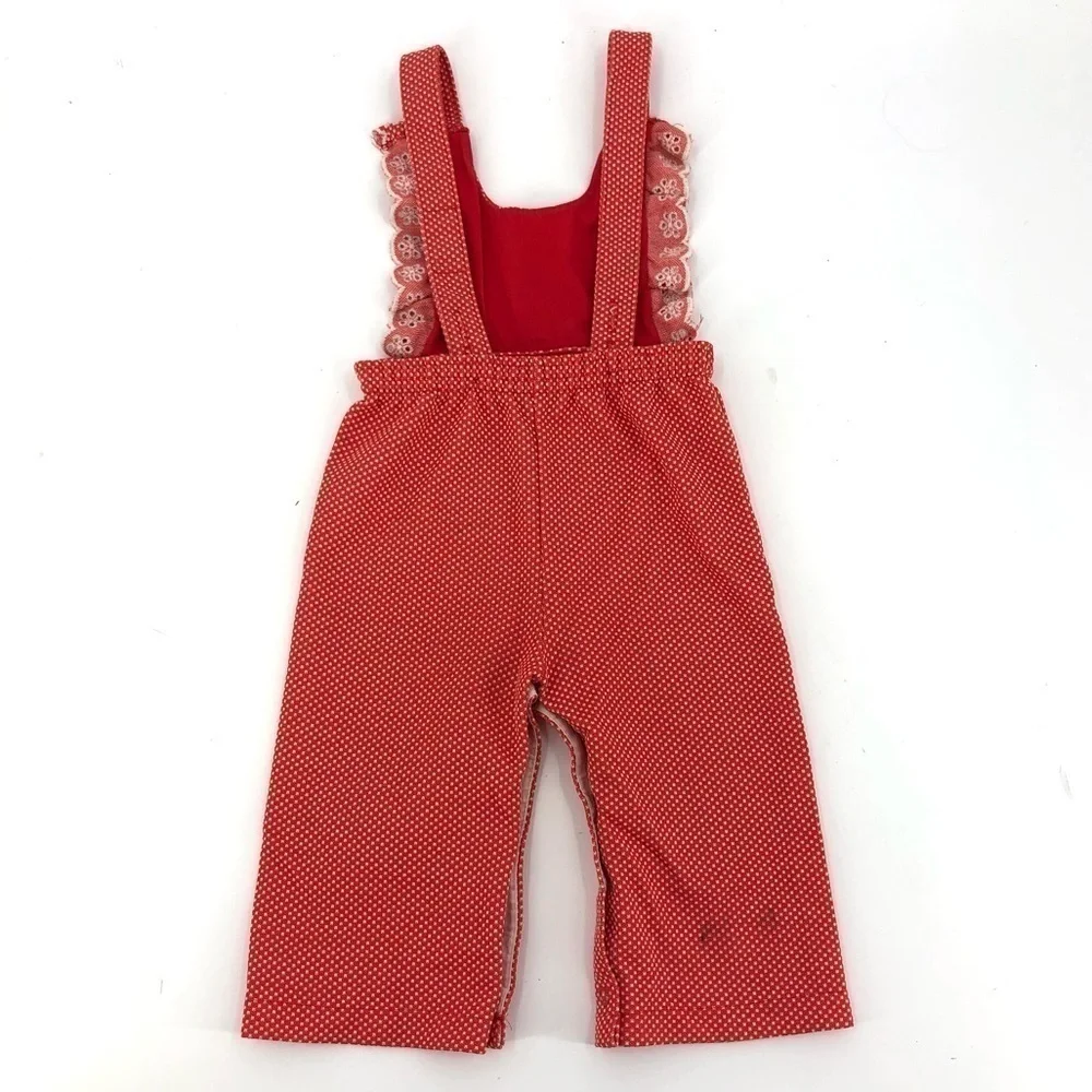 Vintage 1970’s Carter’s Overalls Ruffle Bib Jumper Polka Dot Lace Red 18 Months